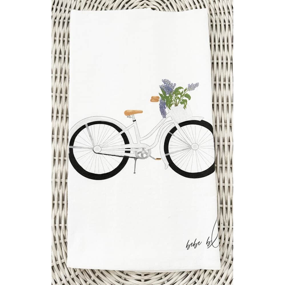 bicycle with lilacs flour sack towel