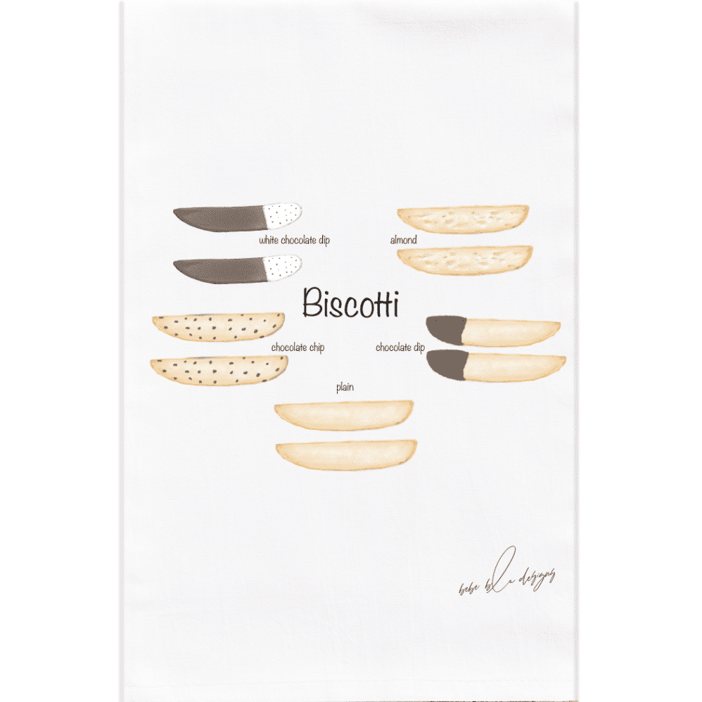 BISCOTTI FLOUR SACK TOWEL with 2 almond, 2 plain, 2 chocolate dip, 2 white chocolate dip and 2 chocolate chip biscotti.