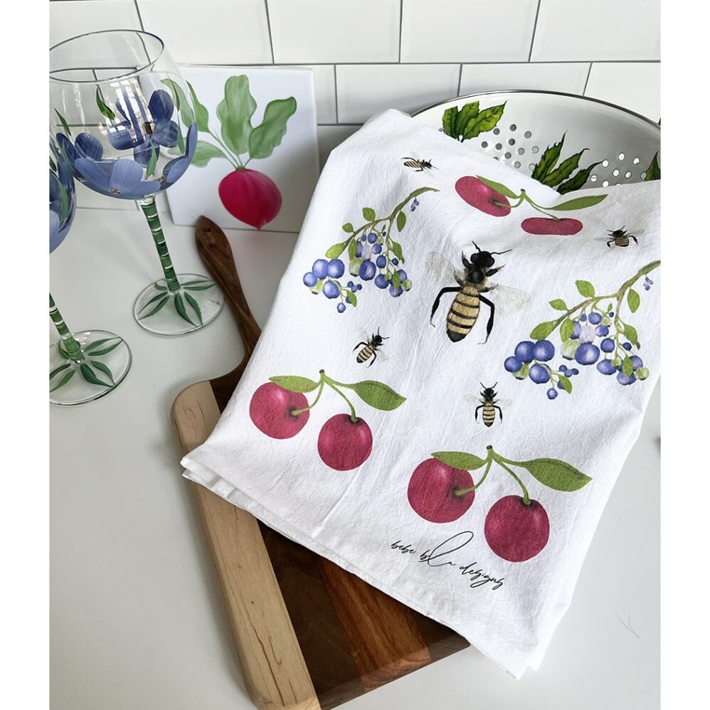 CHERRIES, BLUEBERRIES & Bees flour sack towel