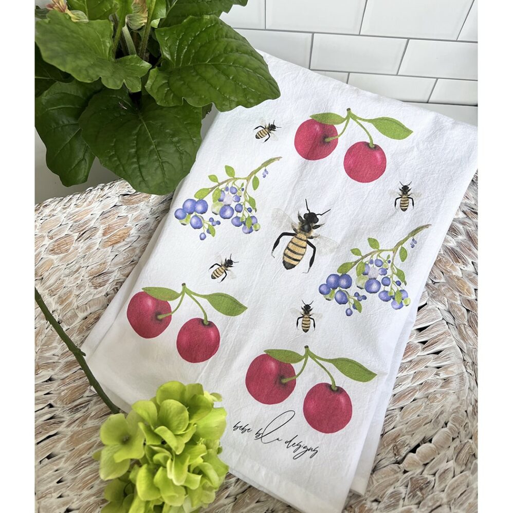 CHERRIES, BLUEBERRIES & BEES flour sack towel