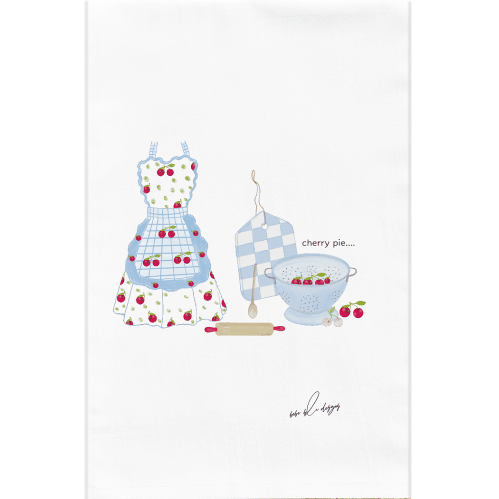 CHERRY PIE FLOUR SACK TOWEL features a blue apron decorated with red cherries, rolling pin, blue and white cutting board and a blue colander filled with red cherries!