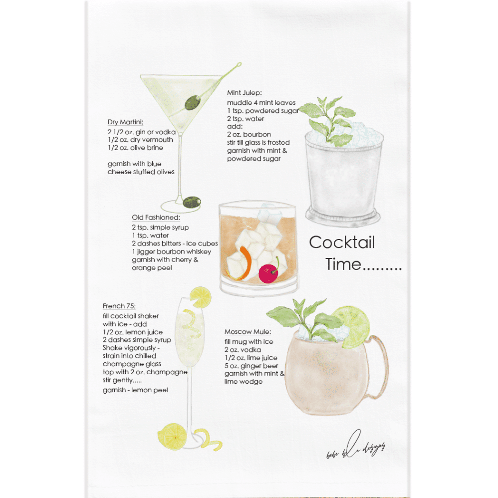 This Cocktail Time towel includes recipes and images for "Mint Julep; Dry Martini; Old Fashioned; French 75 and a Moscow Mule. Colorful, cute and certainly useful tea towel!