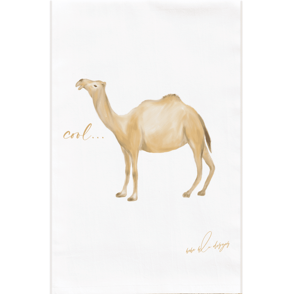 CAMEL FLOUR SACK TEA TOWEL WITH THE WORD 'COOL'