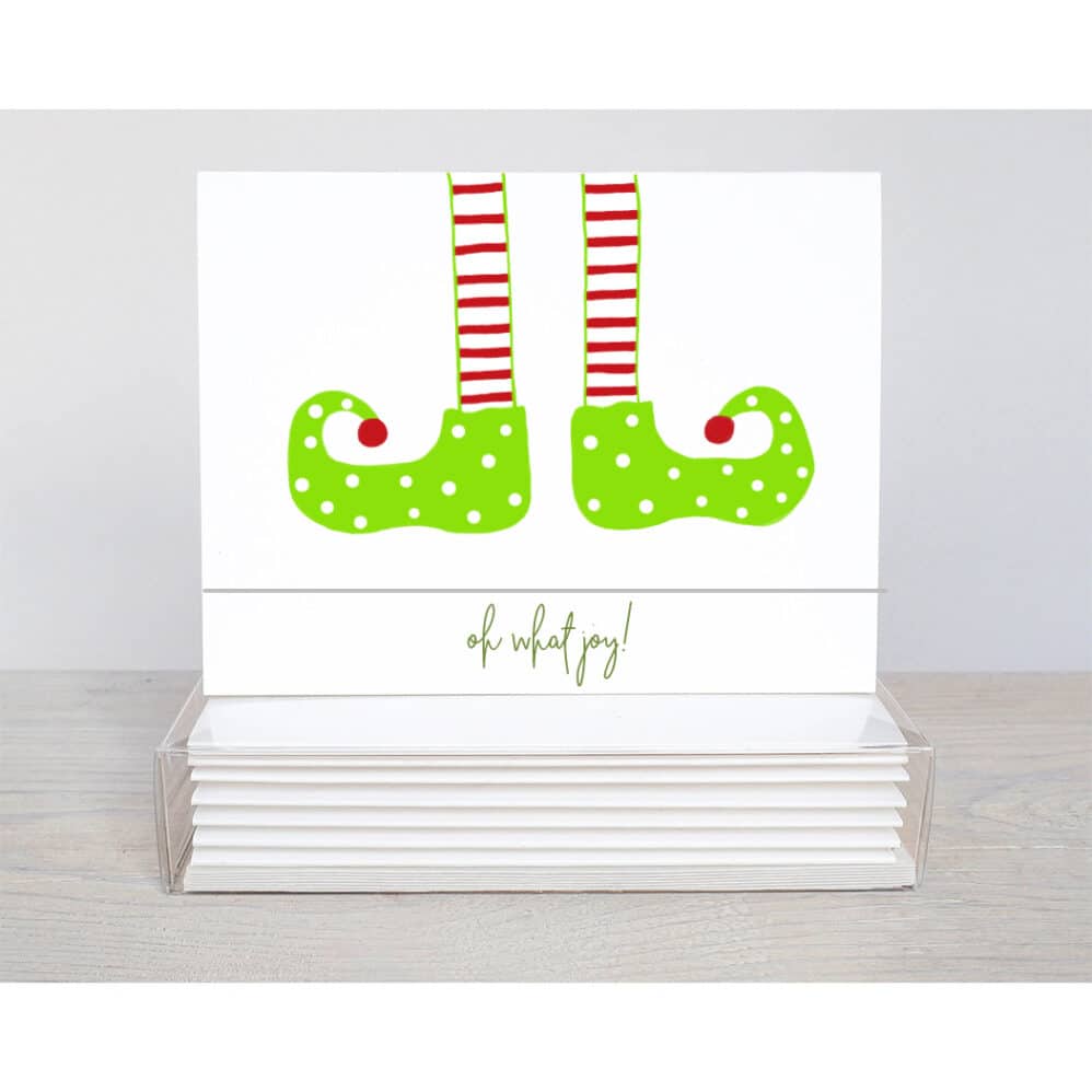 ELF LEGS HANGING from the top of the card with the saying, Oh What Joy on a top fold card