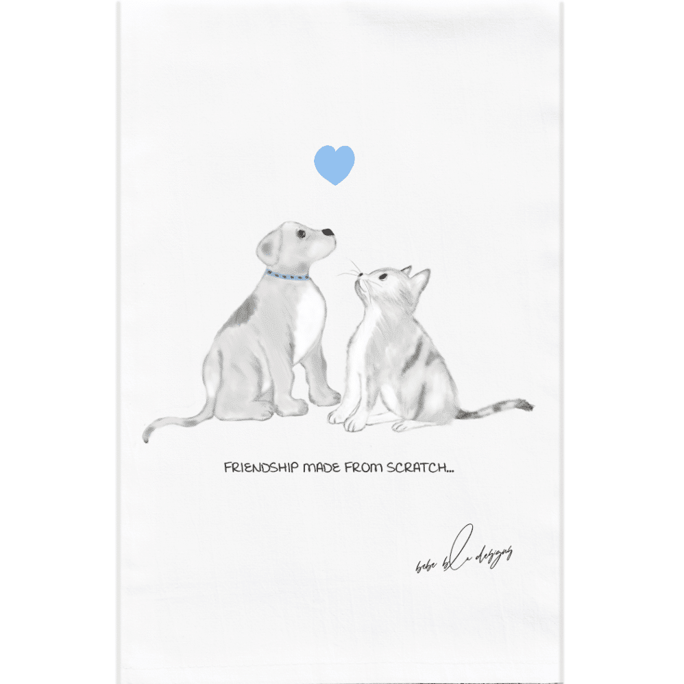 a Cute dog and cat looking up at a blue star with the words: FRIENDSHIP MADE FROM SCRATCH