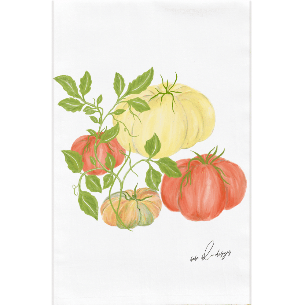 COLORFUL HEIRLOOM TOMATOES with tomato vine on a FLOUR SACK TOWEL
