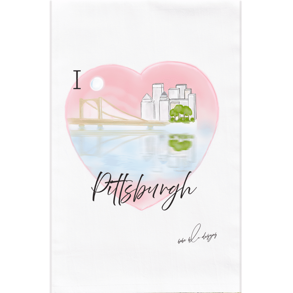 I love pittsburgh flour sack towel with a heart surrounding the pittsburgh skyline