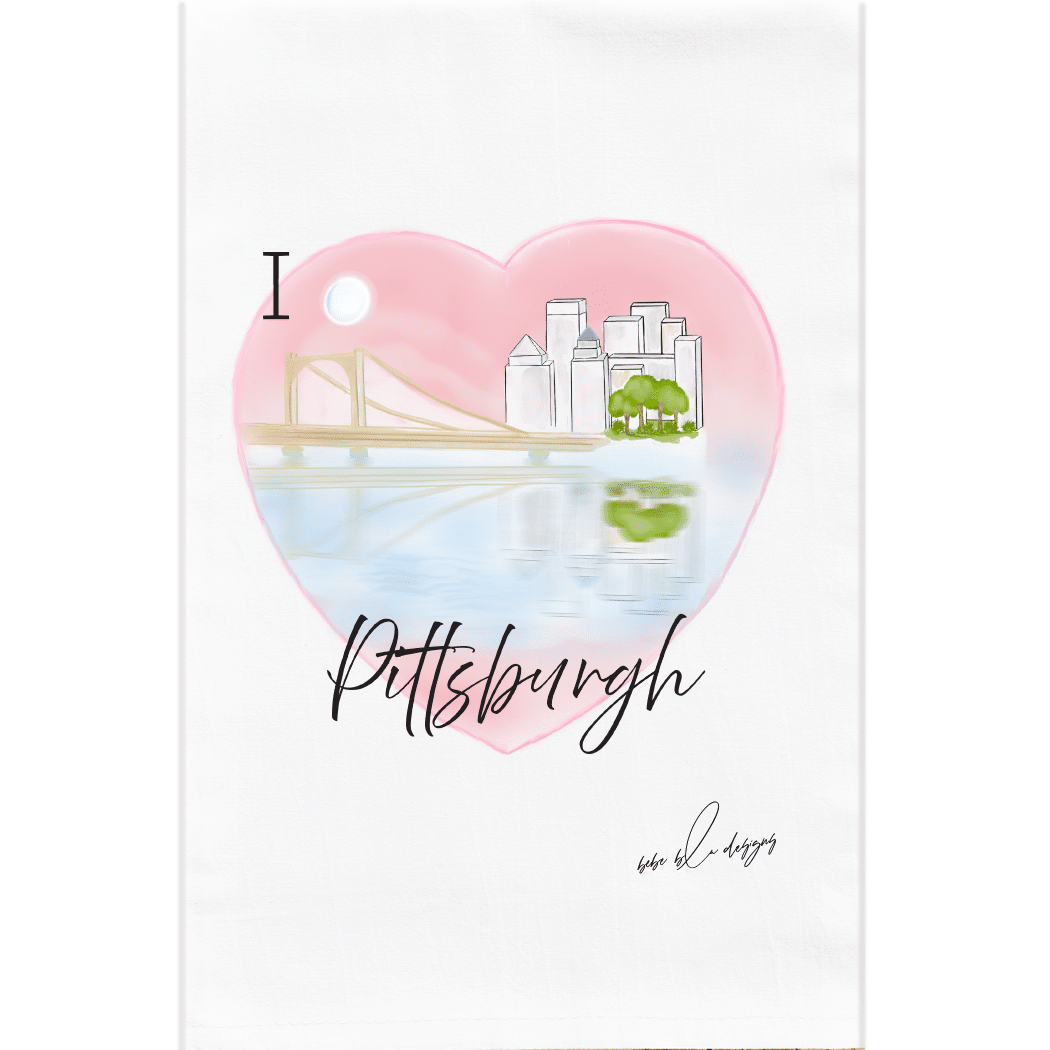 I love pittsburgh flour sack towel with a heart surrounding the pittsburgh skyline