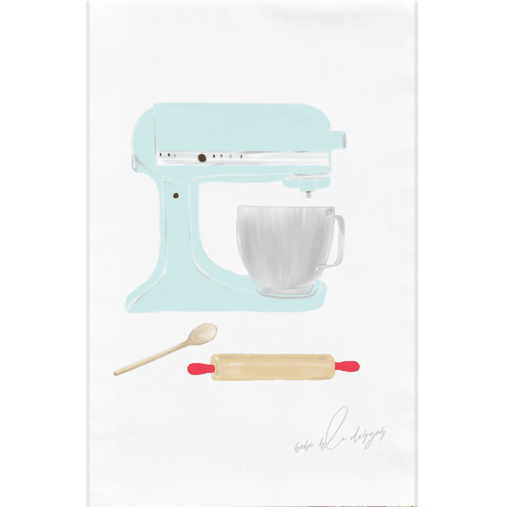 A blue kitchen mixer with a stainless steel bowel, a wooden spoon and a wooden rolling pin with red handles on a flour sack towel.