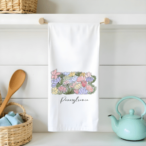PENNSYLVANIA FLOUR SACK TEA TOWEL. The outline of the state is defined with colorful flowers