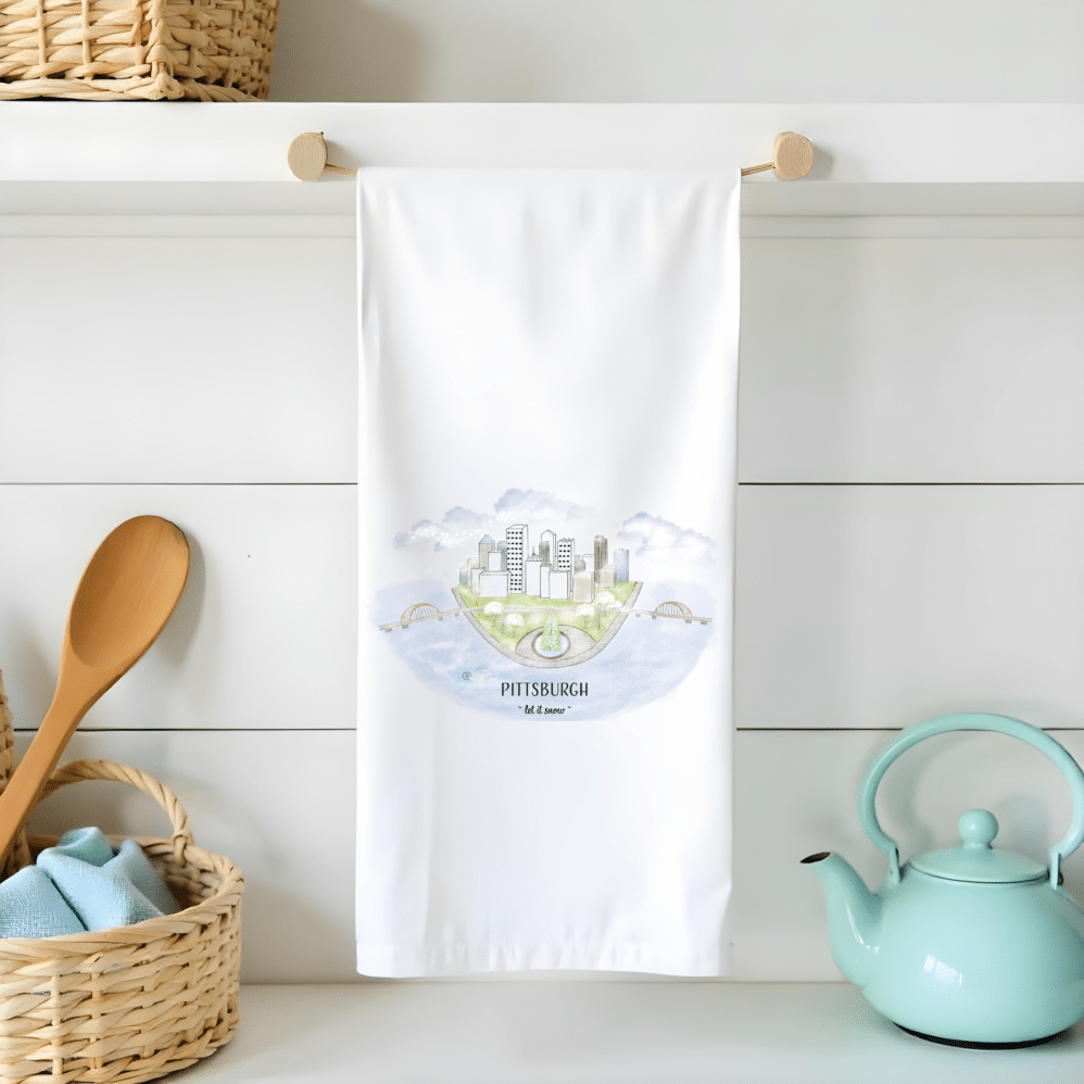 PITTSBURGH skyline let it snow flour sack tea towel