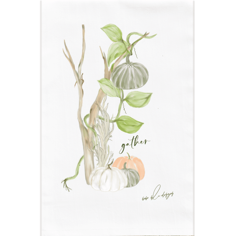 PUMPKIN GATHER flour sack towel feathers a green pumpkin whose vine has crawled up the tree. A cornstalk and heirloom pumpkins at the base of the tree and the word gather.