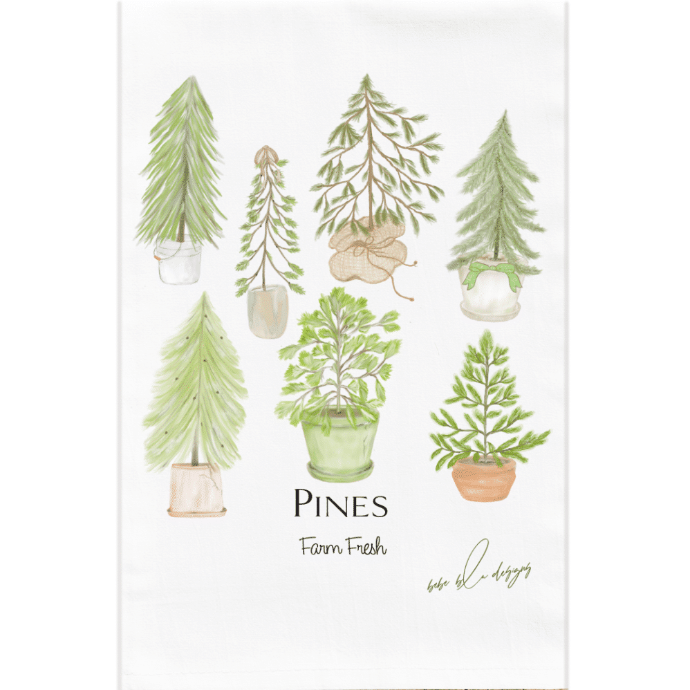 Pine farm fresh flour sack towel has seven different types of pines in different containers