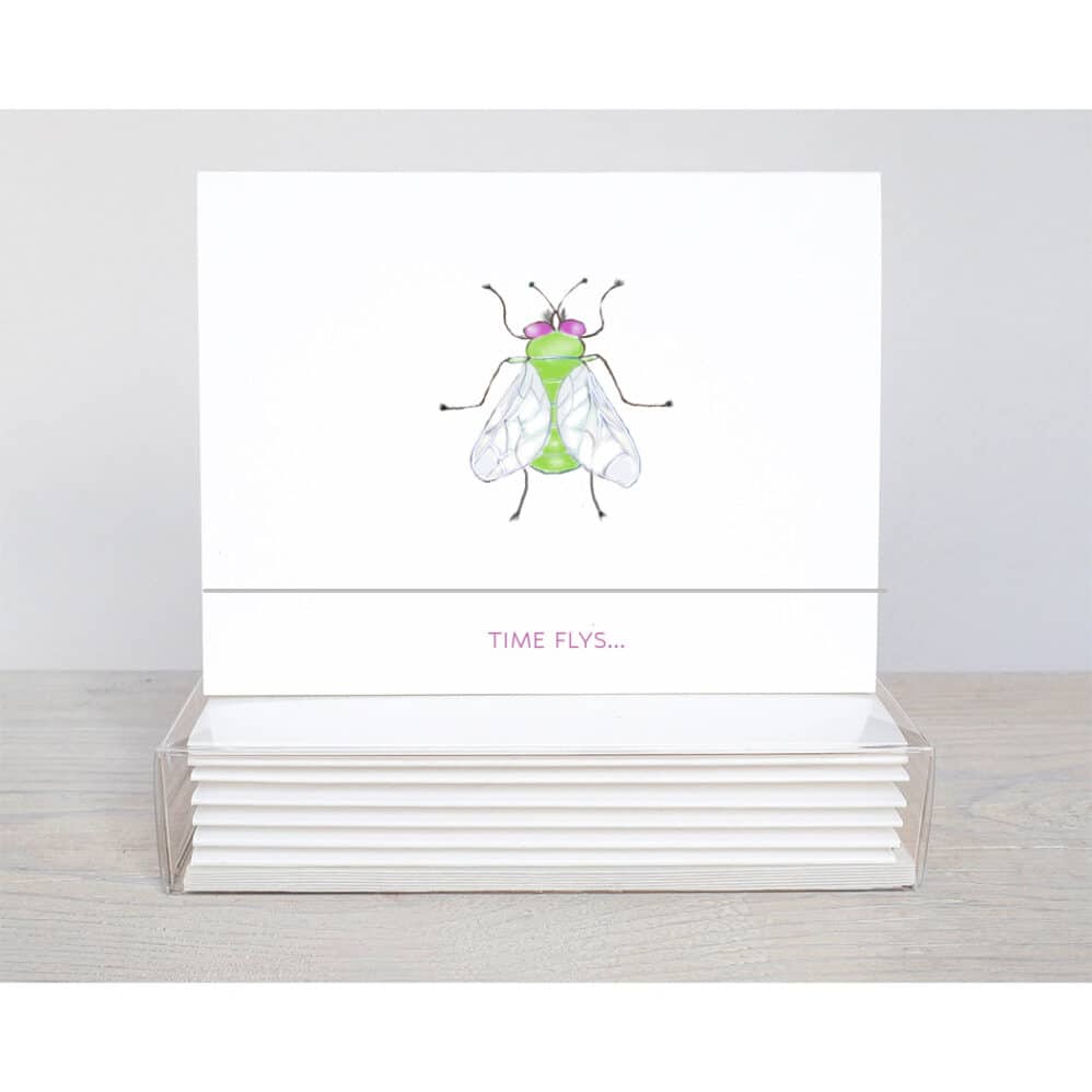 TIME FLYS NOTE CARD DESIGNED WITH A COLOR 'FLY' AND A TOP FOLD DESIGN SAYING TIME FLYS