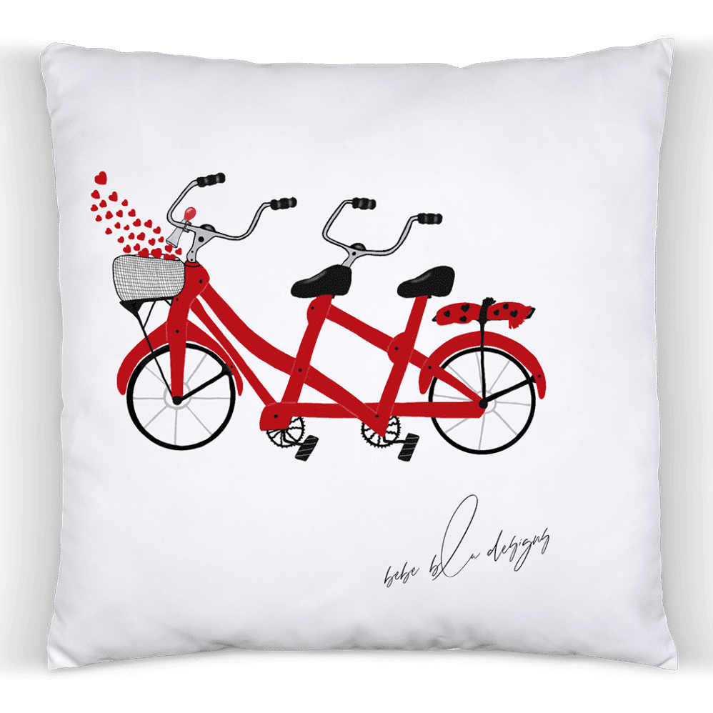 Valentine Pillow featuring a red bike built for two with red heart rising out of the basket on the front of the bike