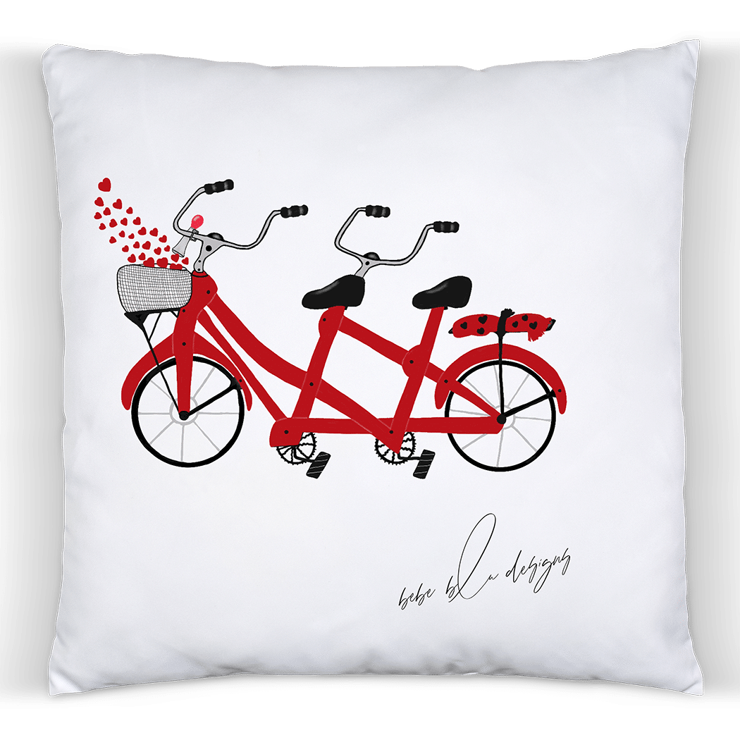 Valentine Pillow featuring a red bike built for two with red heart rising out of the basket on the front of the bike