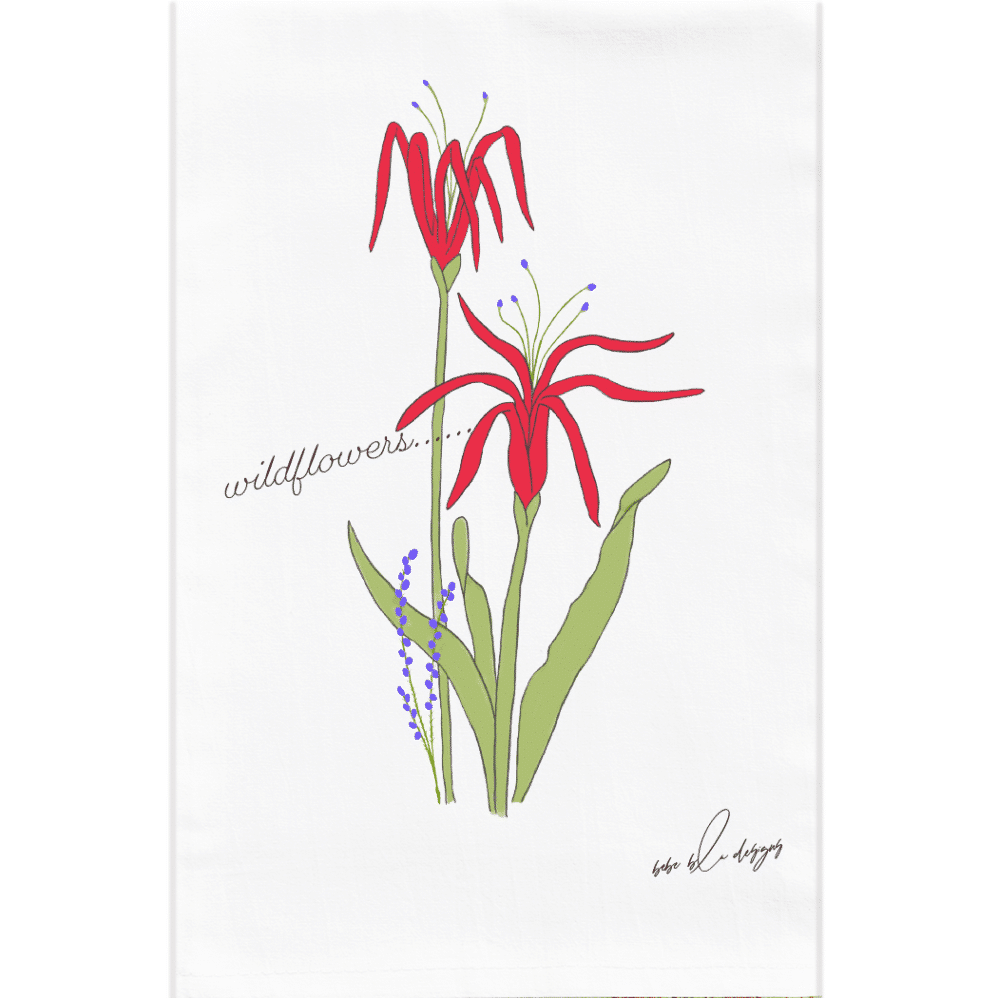 Red WILDFLOWERS with a touch of purple and green leaves on FLOUR SACK TEA TOWEL