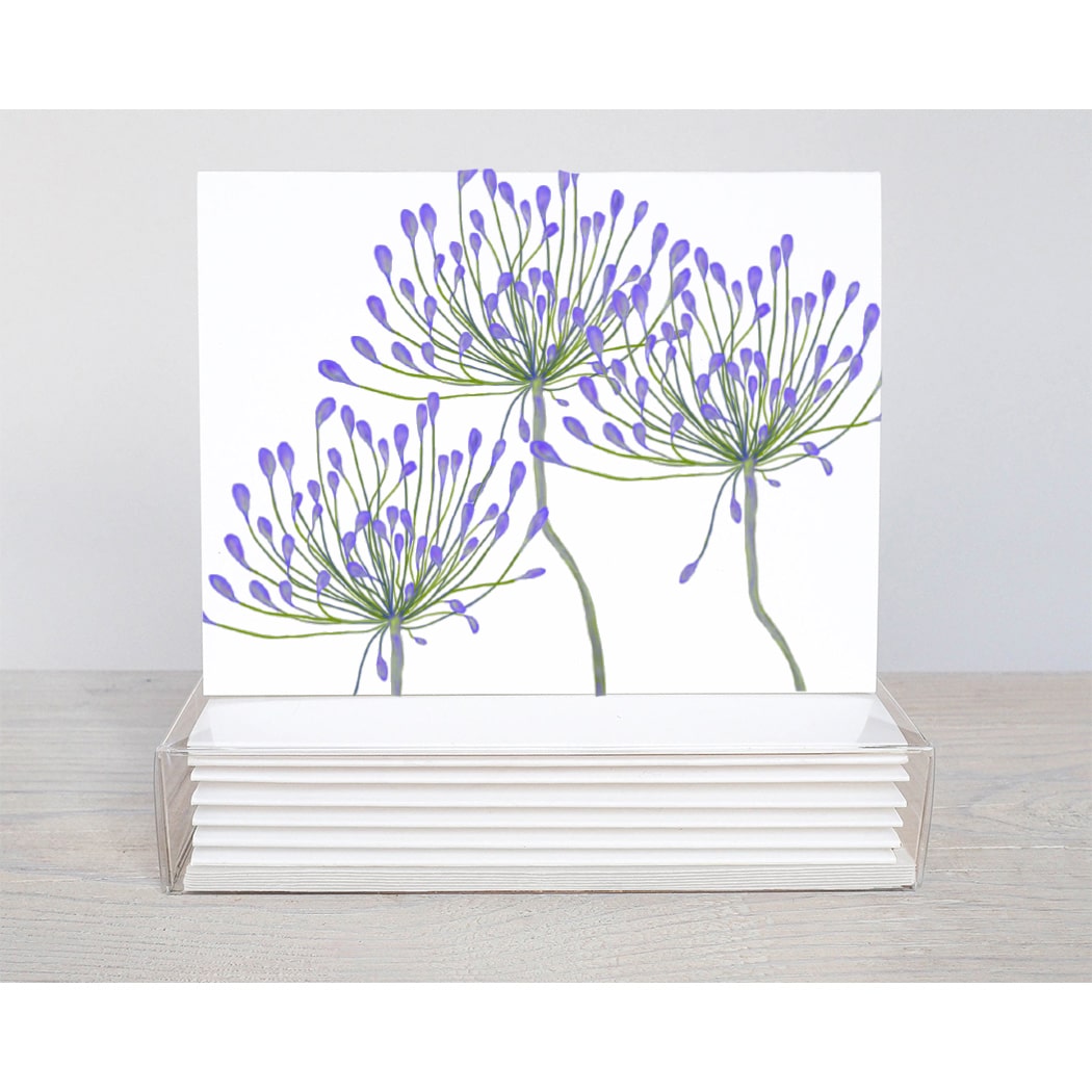 Three agapanthus extending to the edge of an all occasion note card