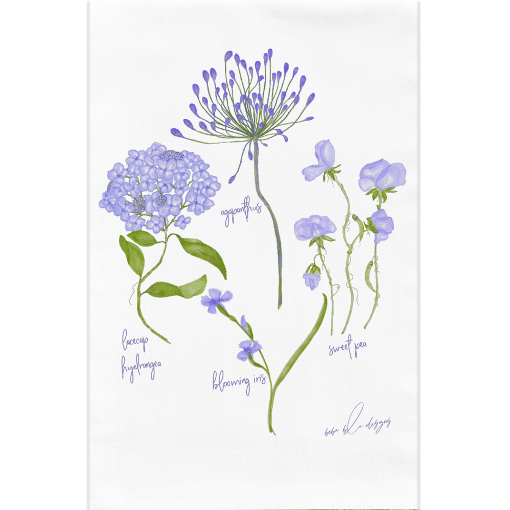 Purple Agapanthus and sweet pea flour sack towel that also includes a blooming iris and a beautiful purple lacecap hydrangea.