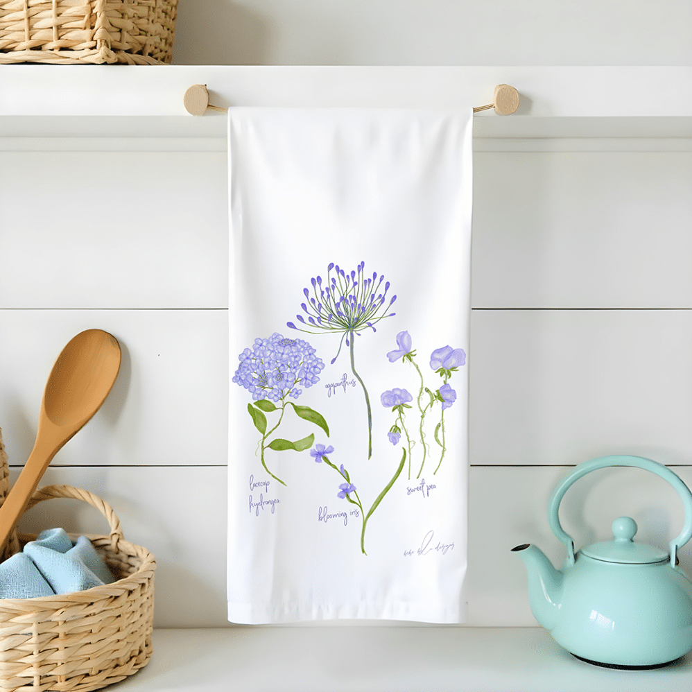 agapanthus and sweet pea flour sack tea towel
