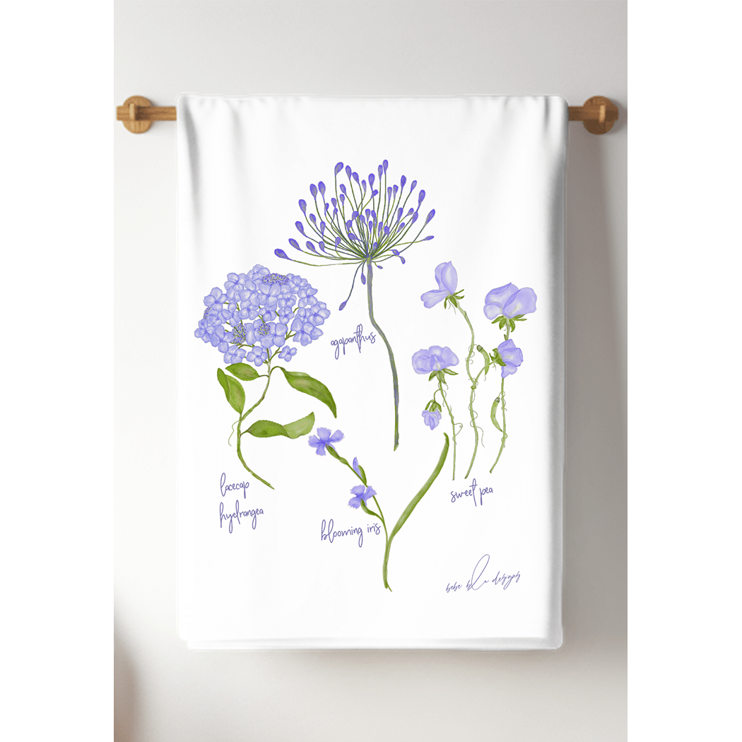 agapanthus and sweet pea tea towel