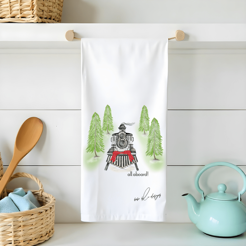all aboard Christmas train flour sack tea towel