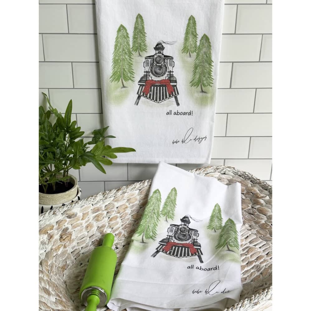 all aboard christmas train holiday flour sack towel