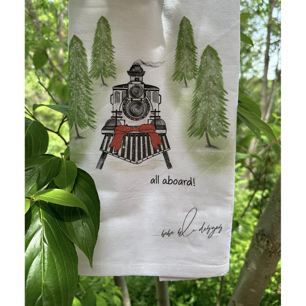 all aboard christmas train flour sack towel