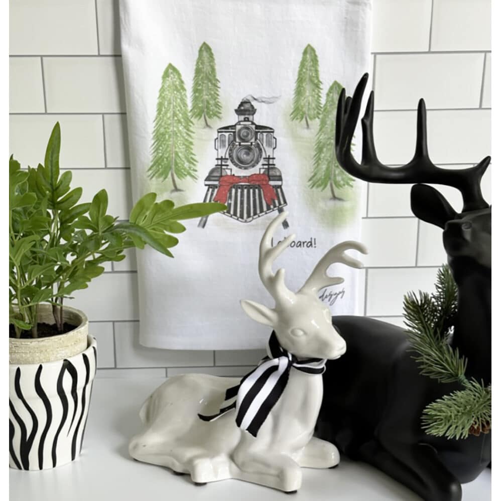 all aboard christmas train flour sack towel