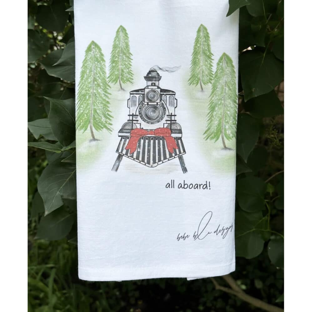 all aboard christmas train flour sack towel