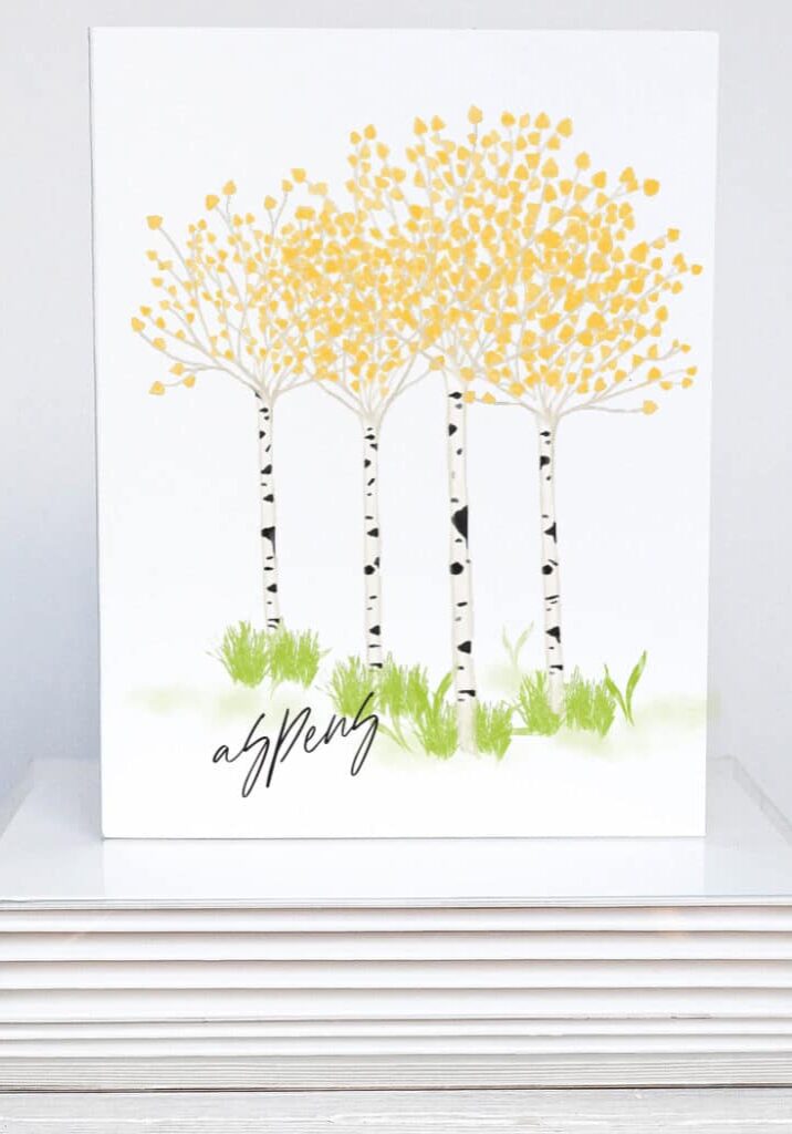aspen trees in the fall with their white and black bark on note cards