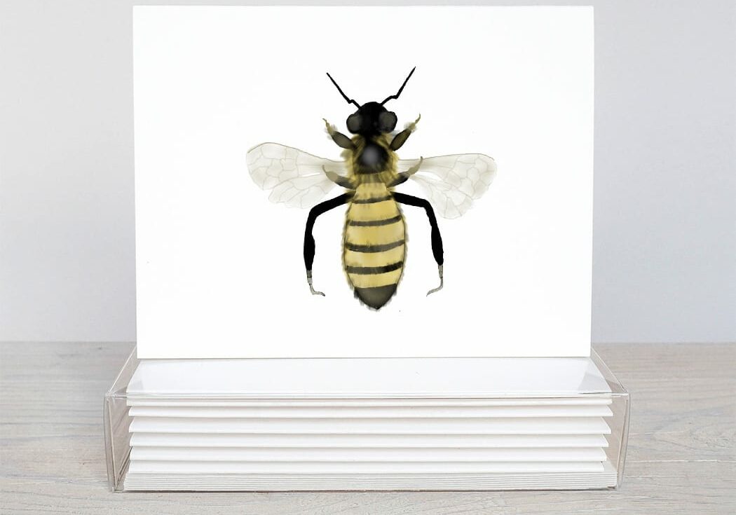 black and yellow bee on note cards