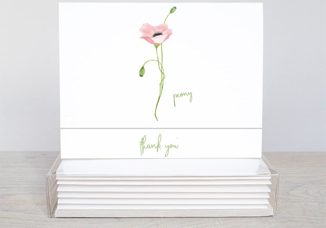 a single pink poppy with buds on thank you note cards