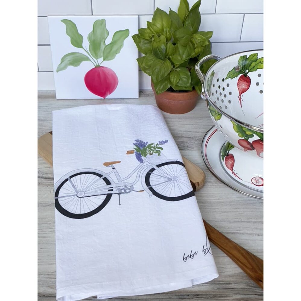 bicycle with lilacs flour sack towel