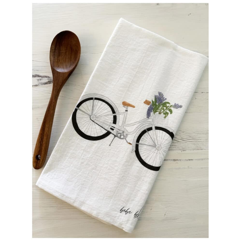 bicycle with lilacs flour sack towel