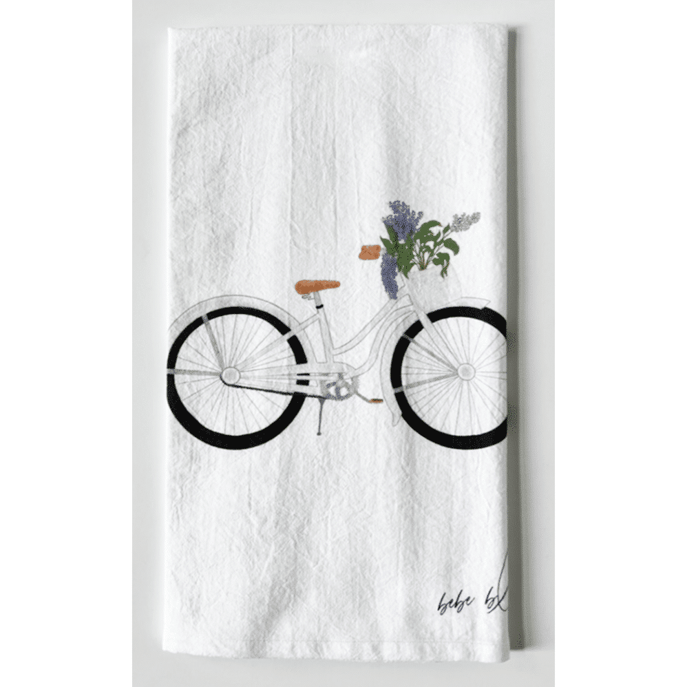 bicycle with lilacs flour sack towel