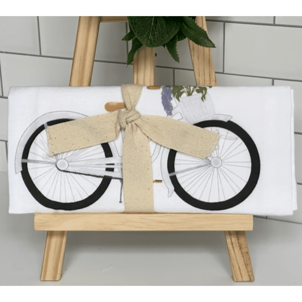 bicycle with lilacs flour sack towel wrapped