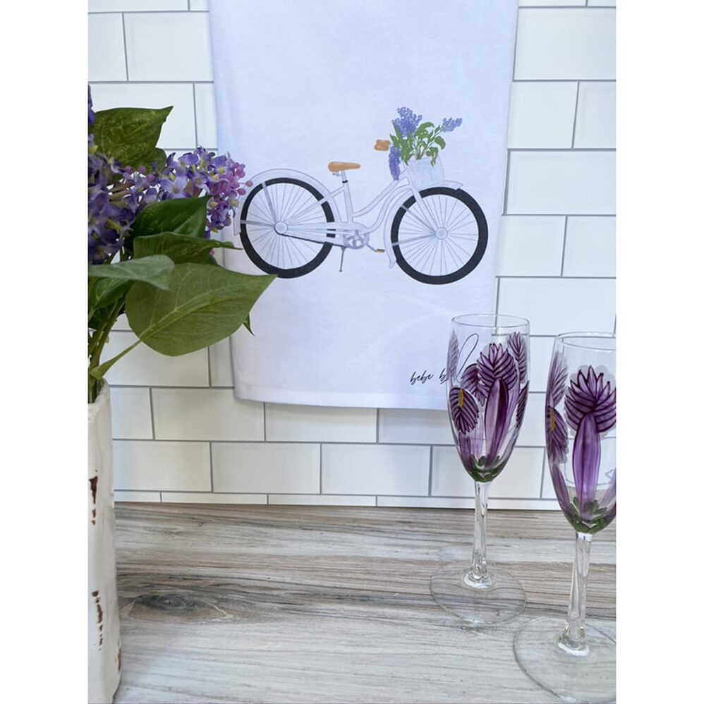 bicycle with lilacs flour sack towel