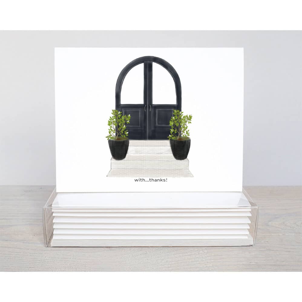 black door thank you note card with the simple words, with...thanks!