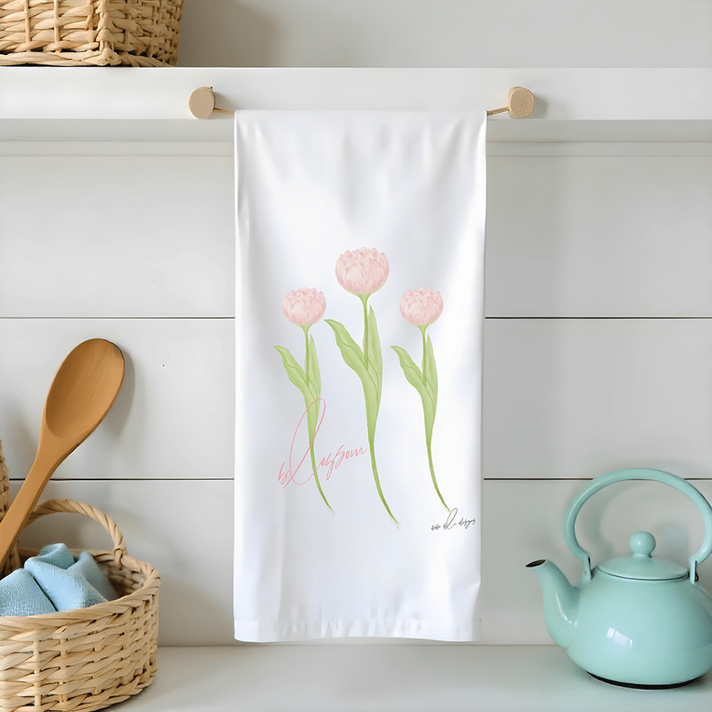 blossom pink tuliips flour sack tea towel