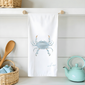 blue crab on a flour sack tea towel