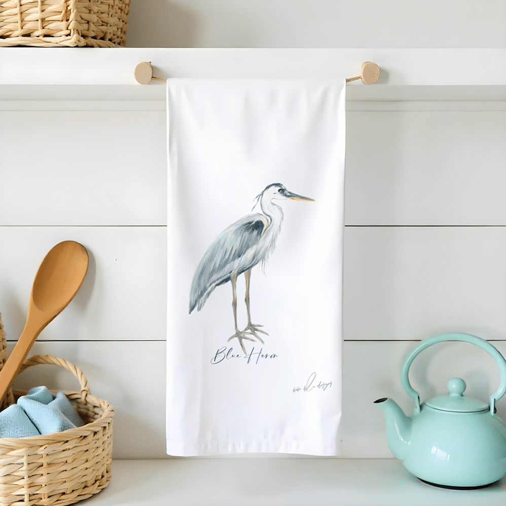 blue heron on a flour sack tea towel