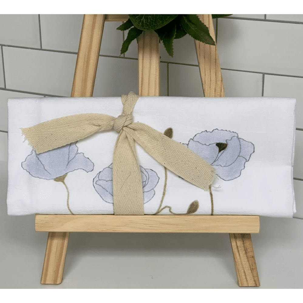 blue poppies flour sack towel wrapped