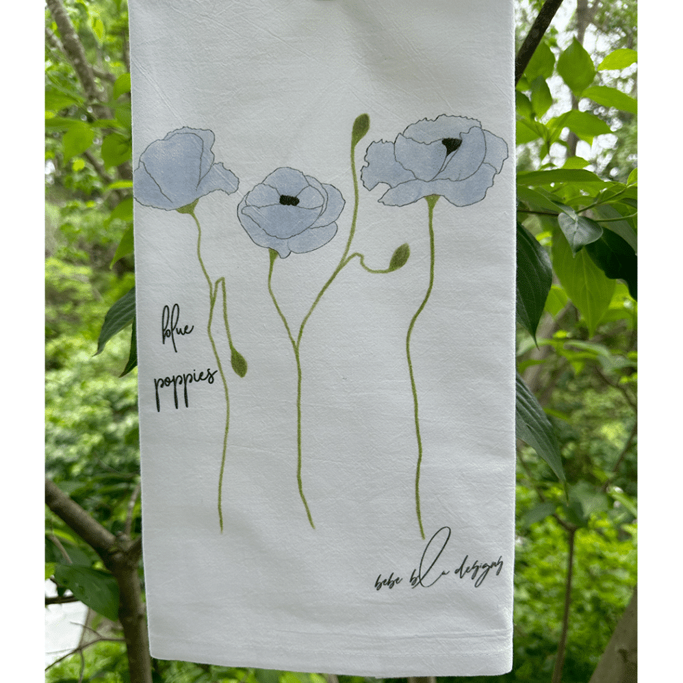 blue poppies flour sack towel