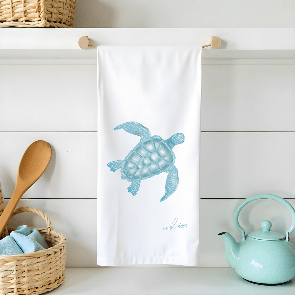 blue sea turtle on a flour sack tea towel