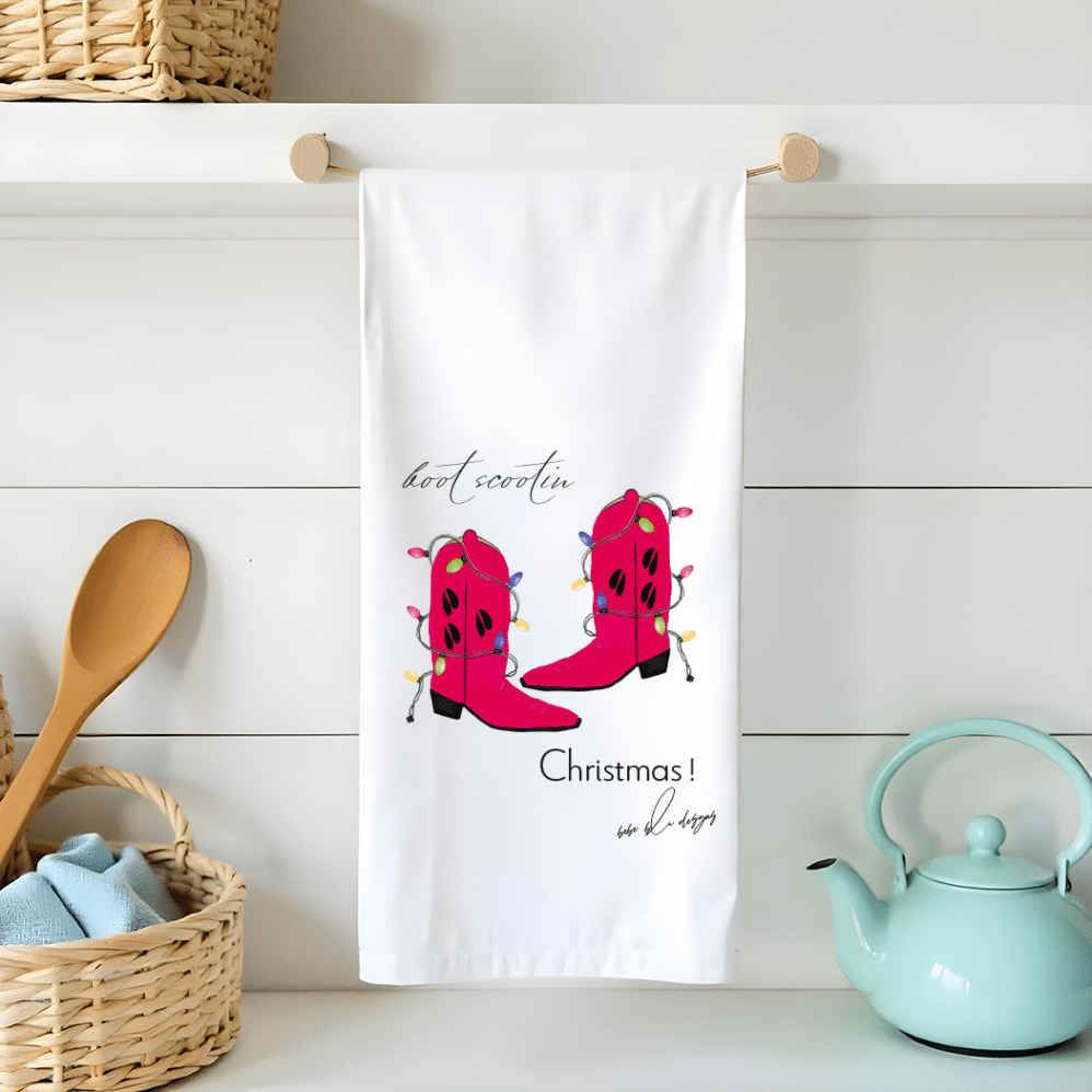 boot scootin christmas flour sack tea towel