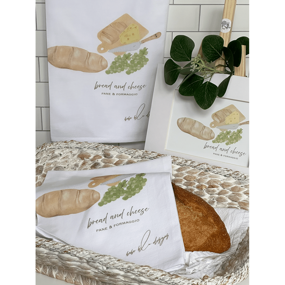 bread and cheese flour sack towel basket