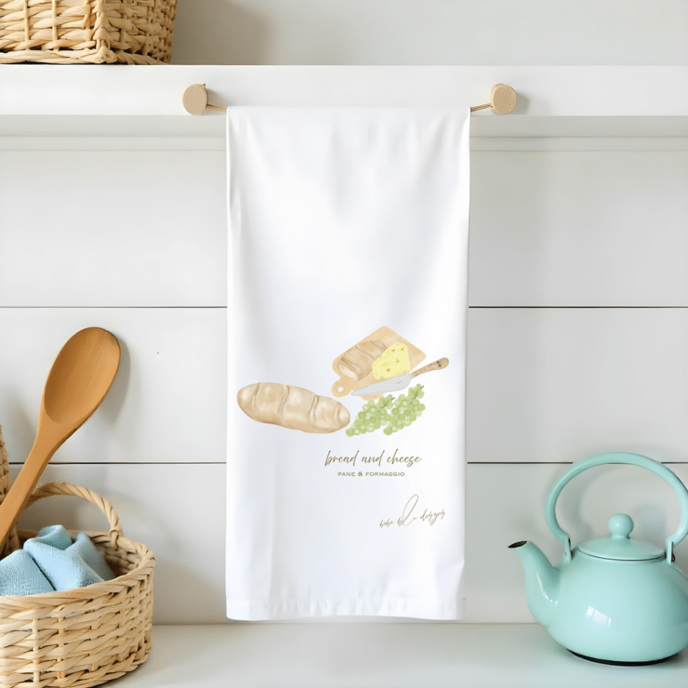 bread and cheese on a flour sack tea towel