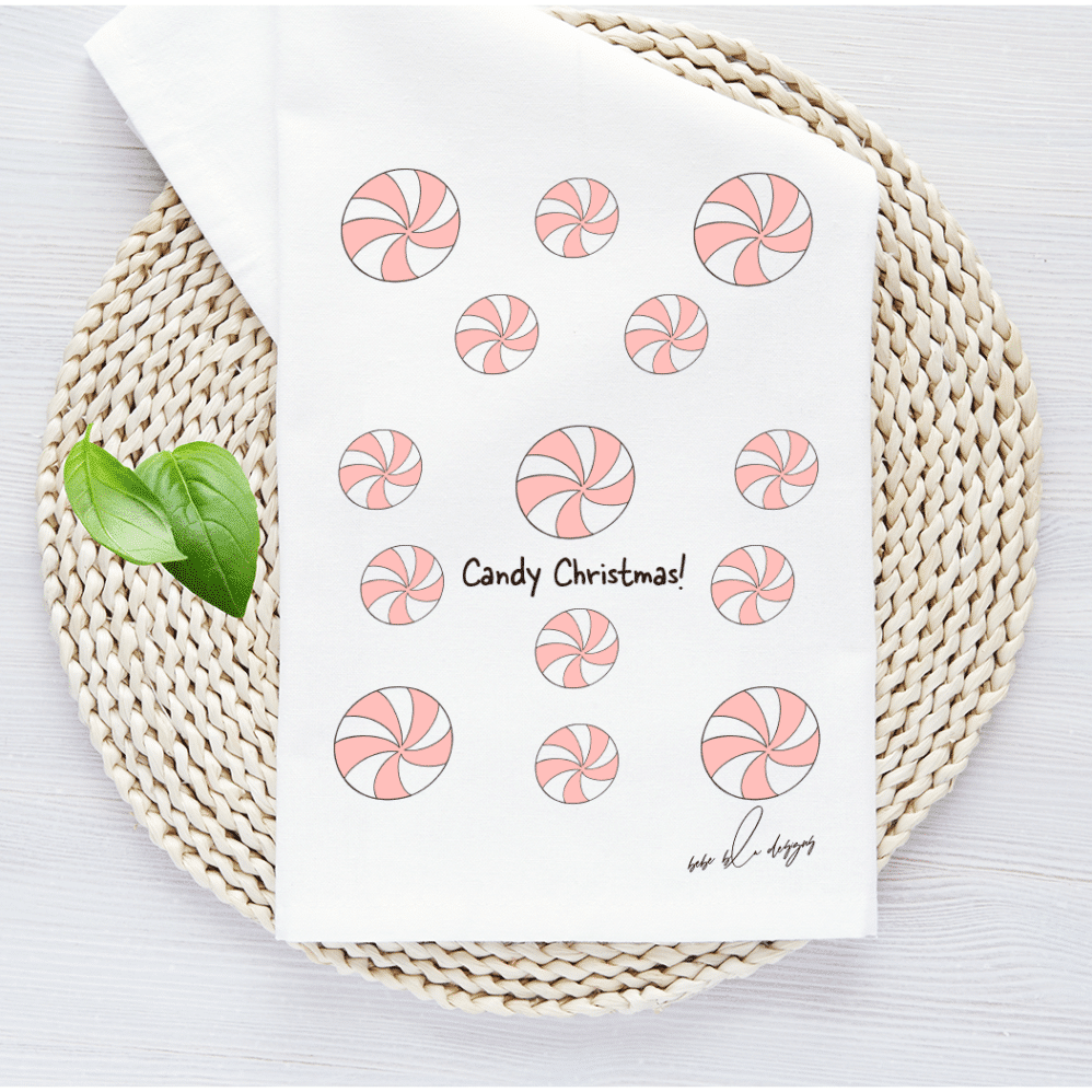 candy christmas features pink and white striped candy all over a flour sack tea towel with the words, Candy Christmas.