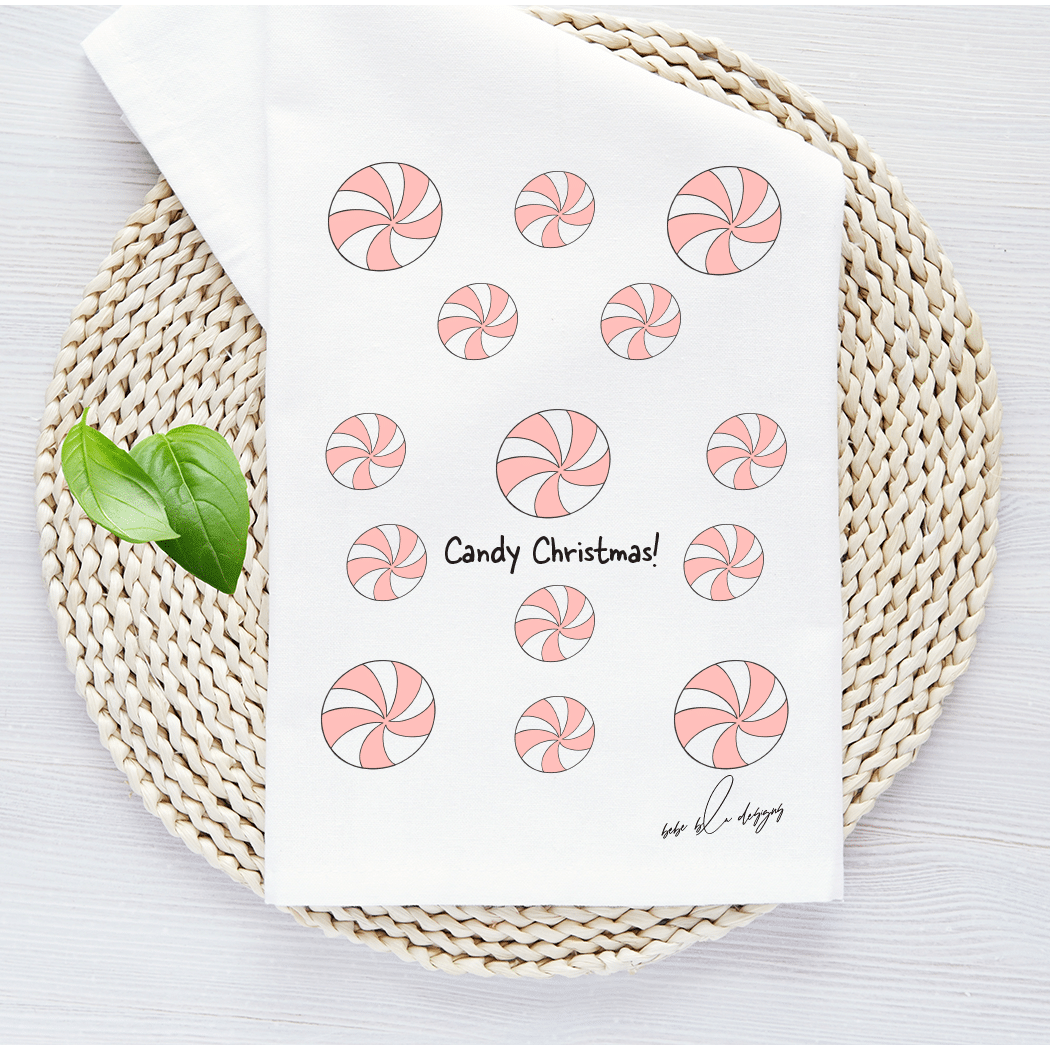 candy christmas features pink and white striped candy all over a flour sack tea towel with the words, Candy Christmas.